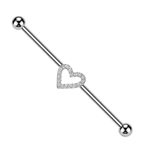 Internally Threaded CZ Crystal Heart Outline Industrial Barbell - ASTM F-136 Implant Grade Titanium