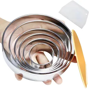 8 count Round & Circle Cookie  Set with 2 Scrapers - 6 Stainless Steel Biscuit Cutters (2"-6", 1.18" Deep) - Includes 6" Bench Scraper &  Bowl Scraper - Tools for Pastry, Donuts & Scones