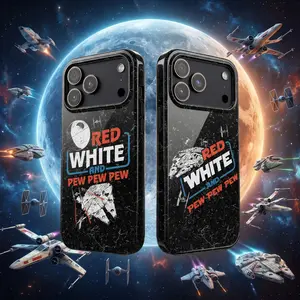 Red White And Pew Pew Pew Independence Day Glossy Tough Phone Case 11 to 17 Series S21 to S25 Edge to Ultra - Sci-Fi Adventure Protect Phone Case - Patriotic USA 4th of July Gift for Cases For 11 12 12 Pro 12 Promax 13 14 15 16 17 Pro Max
