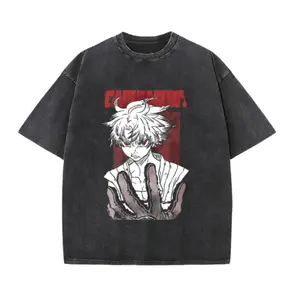 Vintage Washed Black Unisex T-Shirt – Intense Anime Character & Red Typography Graphic, Oversized Fit for Outdoor Streetwear & Edgy Aesthetic