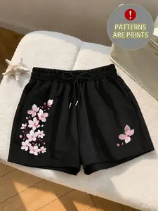 Women's Casual Loose Fit Graphic Shorts, Soft Comfortable Fabric, Perfect for Daily Wear & Sports Fitness, Stylish Plum Blossom Print