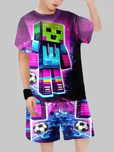 Boys' Cyberpunk Neon Block Anime Football Set, Cool Casual Short Sleeve Two-Piece, Fitted Cartoon Style Top