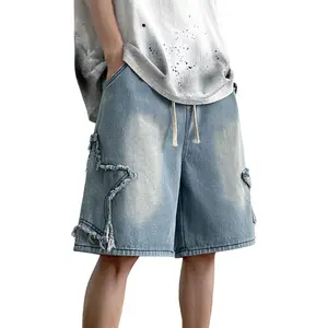 FCOOLYEET Men's Baggy Jeans Shorts Y2k Star Patchwork Denim Shorts Wide Leg Loose Hip-hop Jorts Y2k