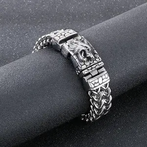 GTHIC Classic Wolf Head Square Buckle Stainless Steel Bracelet Retro Viking Design for Men Women