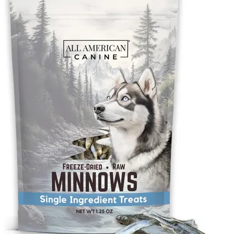 ALL AMERICAN CANINE Natural Freeze-Dried Minnows Dog Treats, USA-Farmed Single-Ingredient, Gluten-Free, No-Fillers Crunchy Bites, Low-Calorie, Protein Boost, Skin Hydration, Shelf-Stable 1.25 Oz Mess-Free Snack (Not Salmon)
