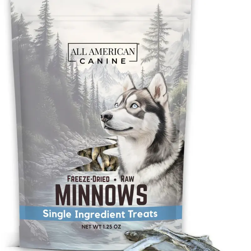 ALL AMERICAN CANINE Natural Freeze-Dried Minnows Dog Treats, USA-Farmed Single-Ingredient, Gluten-Free, No-Fillers Crunchy Bites, Low-Calorie, Protein Boost, Skin Hydration, Shelf-Stable 1.25 Oz Mess-Free Snack (Not Salmon)