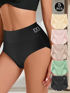 QUASTI 5-Pack Women's High Waist Solid Color Panties, Stretchy Full Coverage Briefs, Soft Breathable Everyday Underwear, Lightweight Comfortable Ladies' Intimates for Summer Daily Wear, S-XXL