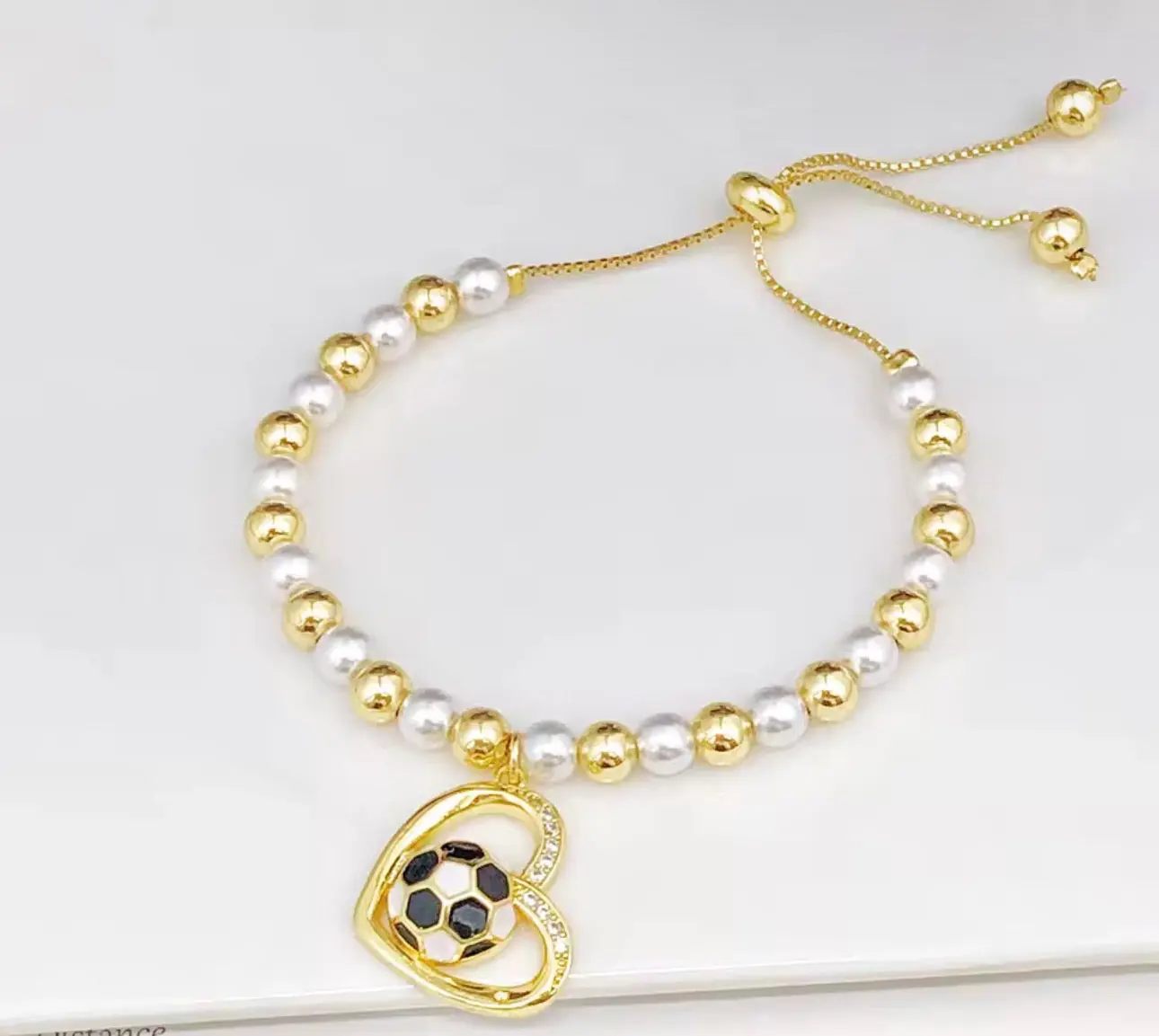 Gold Soccer Charm Bracelet Adjustable Pearl Beaded Soccer Ball Heart Bracelet for Women, Fans, Classic Soccer Ball Heart