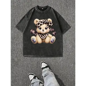 Men Vintage Washed Black Short Sleeve T-Shirt Featuring Adorable Light Brown Teddy Bear and Purple Hearts Print