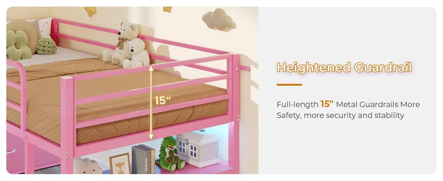 Sikaic Twin Size Low Loft Bed with 6 Storage Drawers and LED Lights Modern Kids Metal Loft Bed with 15H Stairs & Safety Guardrail and 2 Tier Storage Shelves