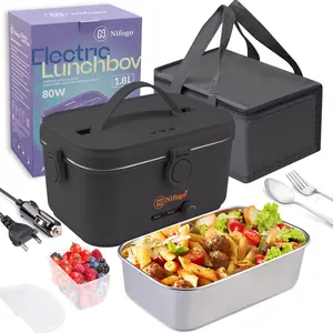 Portable 80W Electric Lunch Box For Adults Fast Heating Food Heater With 110V 12V 24V For Car Truck Home Office 1.8L 304 Stainless Steel Container Fork Spoon Carry Bag Set
