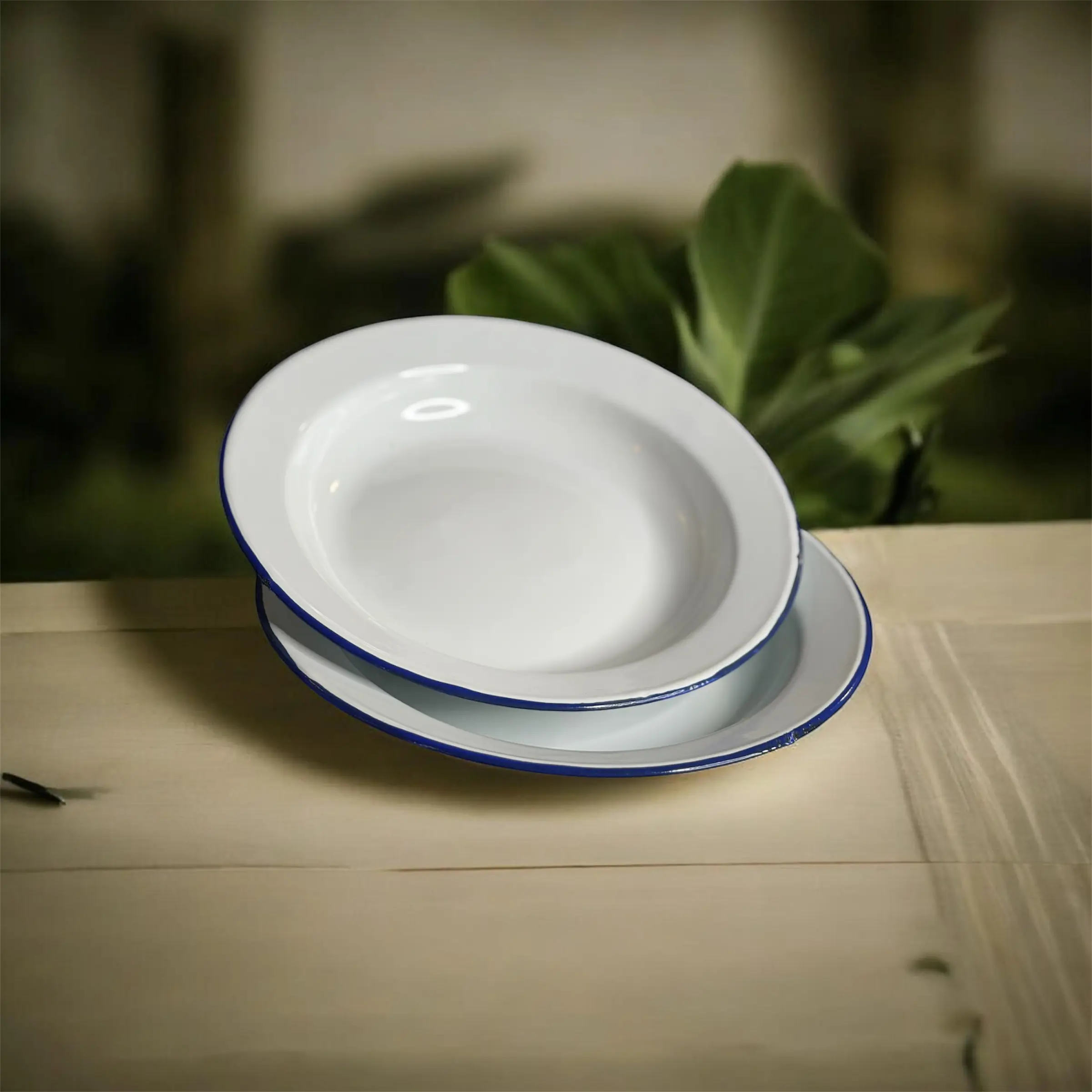 Asyèt Blan Laj Emaye Enamel Plate 26cm with Blue Rim for Everyday Use Durable and Stylish Dining Solution