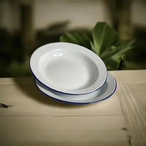 Asyèt Blan Laj Emaye Enamel Plate 26cm with Blue Rim for Everyday Use Durable and Stylish Dining Solution