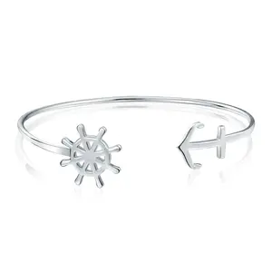 Nautical Anchor Bangle Bracelet .925 Sterling Silver Danity Ship Wheel Boat Cuff