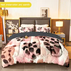 3pcs (1 comforter + 2 pillowcases) Pink Leopard Print Flannel & Milk Velvet Comforter Set, Soft Warm Bedding Set for Adults, Cozy Plush Quilt Set, Trendy Bedding Essentials