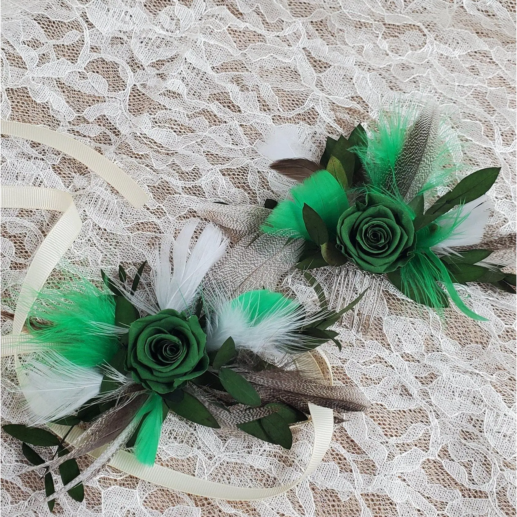 Preserved Rose Corsage, Hair Comb,  Boho Dried Flower Corsage, Dark Green Rose, Wrist Corsage, Wedding Prom Wristlet