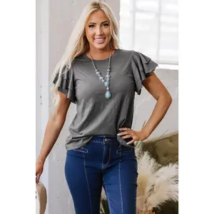 MEIN Women's Dark Grey Cotton Round-Neck Short-Sleeve Medium-Length Layered Ruffle Blouse - Casual Top Clothes That Fits for Everyday Pairing with Jeans