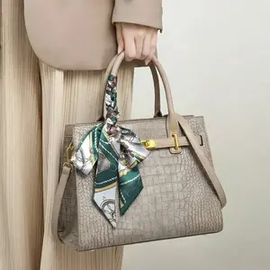 Elegant Crocodile-Embossed Tote Bag with Detachable Scarf Strap and Gold Hardware for Stylish Everyday Use