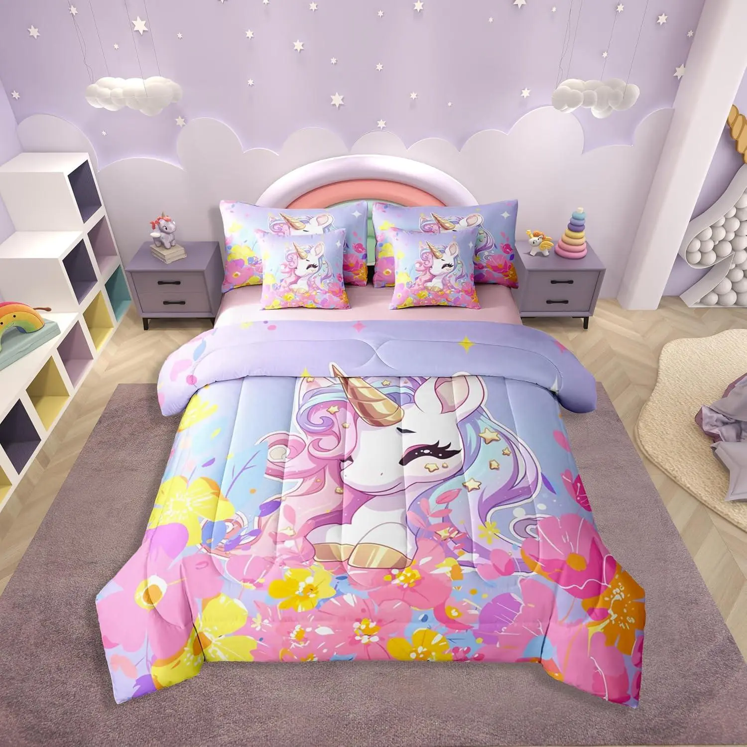 Cute Unicorn 7 Piece Bedding Set,Set for Girls Purple Unicorn Comforter for Kids Fantasy Girls Room Decor Kawaii Horse Duvet Insert Pink Yellow Flowers Sheet Set with Comforter