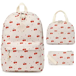 Back to School Essentials: 3-Piece Corduroy Backpack Set, Aesthetic Cherry & Leopard Print Laptop Bag with Matching Lunch Box & Pencil Case