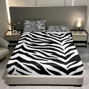 Three-piece Black and white zebra stripes pattern printed fitted sheet set (1 fitted sheet + 2 pillowcases, pillow inserts not included), suitable for bedrooms or guest rooms, Hypoallergenic printed sheets