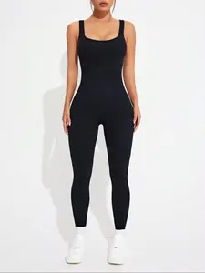 Women's Solid Seamless Sports Jumpsuit, Sporty Sleeveless Skinny Jumpsuit for Yoga Gym Workout, Ladies Sportswear Activewear Clothing for All Seasons