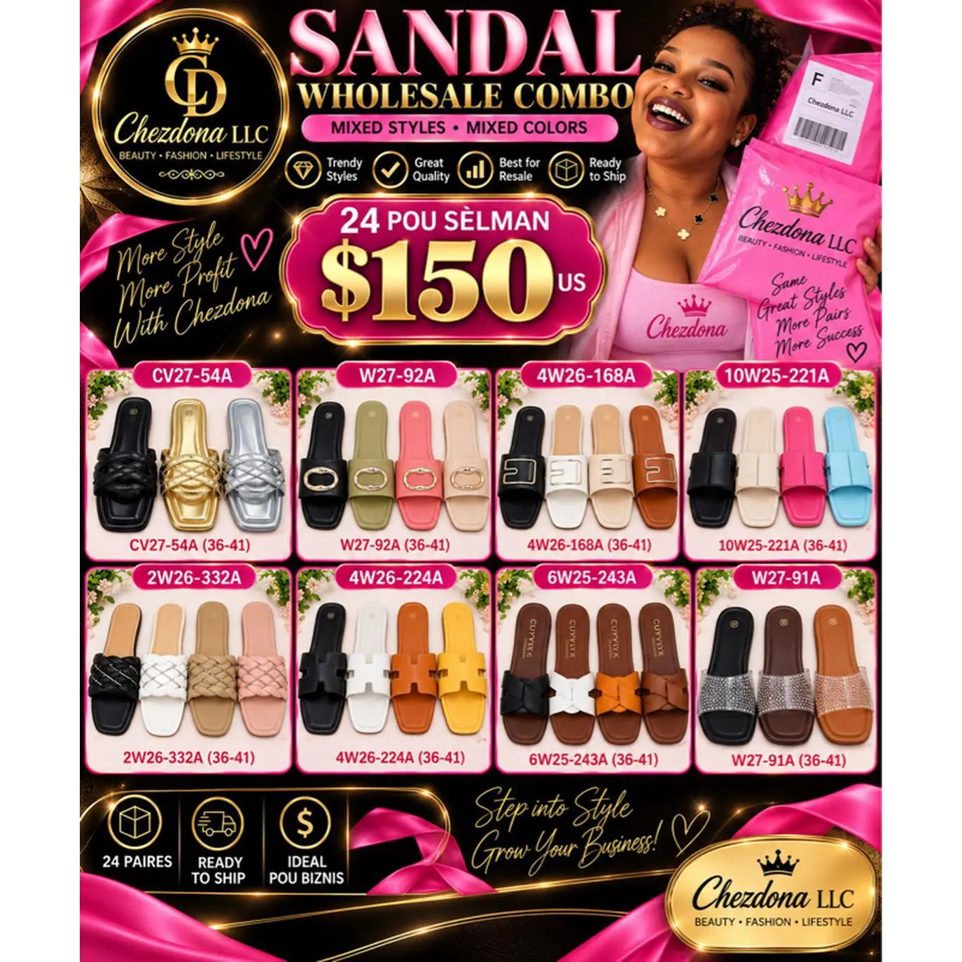 Chezdoma LLC Sandal Wholesale Combo - 24 Pairs of Mixed Styles & Colors - Ready to Ship - Ideal for Business - $150 US