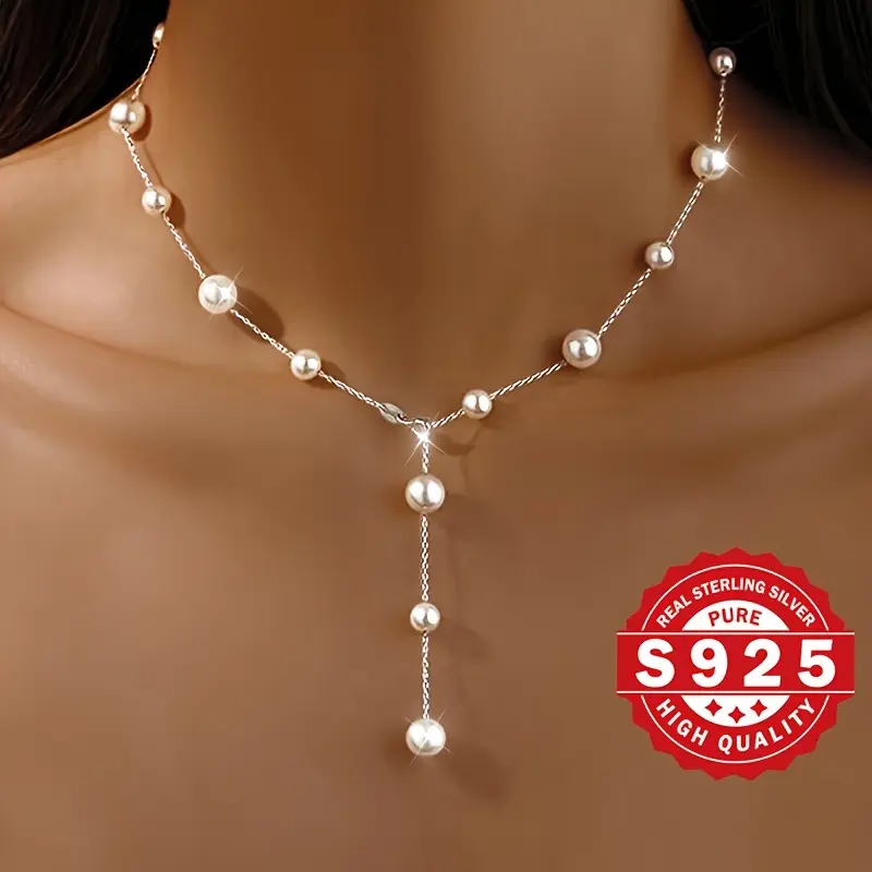 S925 Pure Silvery One Women'S Large Shell Bead Necklace - High-end Elegance, Exquisite Luxury, Inlaid with Shell Beads - Suitable for Gift Giving, Evening Wear, Low Allergy, 2.1g initialnecklace cross necklace name necklace vintage jewelry