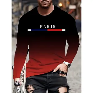 Men's long sleeved T-shirt, 3D digital printing, polyester blend, round neck, machine washable