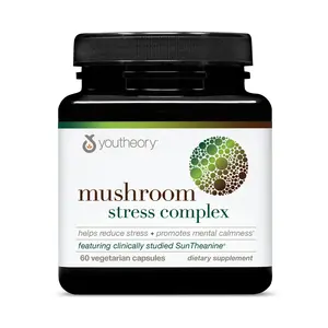 Youtheory Mushroom Stress Complex, Organic Full-Spectrum Mushrrom with L-Theanine, Help Reduce Stress and Promotes Mental Calmness, 60 Vegetarian Capsules