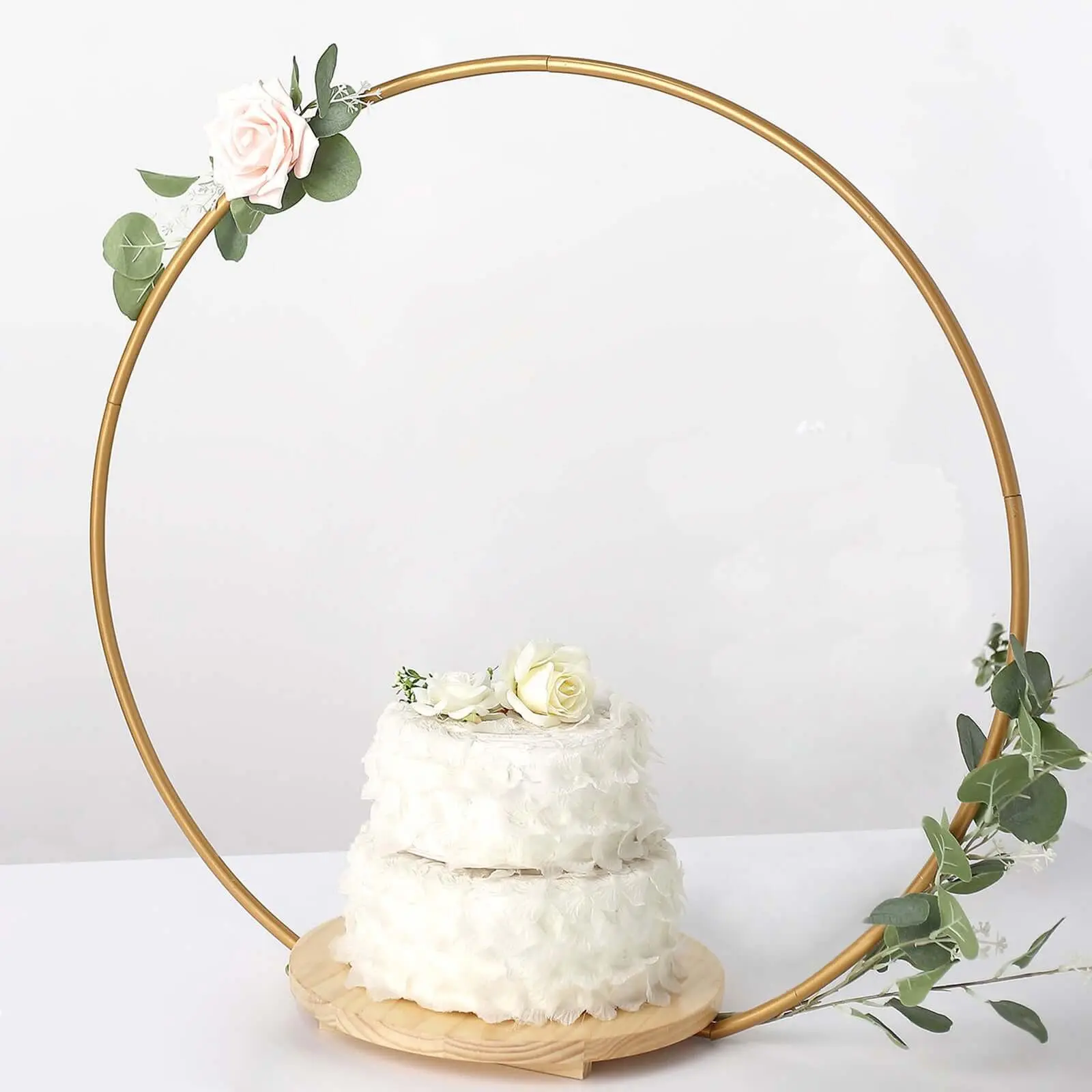 33" Gold Metal Round Floral Hoop Cake Stand with Wooden Base - Chic Geometric Dessert Display, Wedding DIY Centerpiece, Home & Festive Party Table Decoration, Birthday Cake Celebration