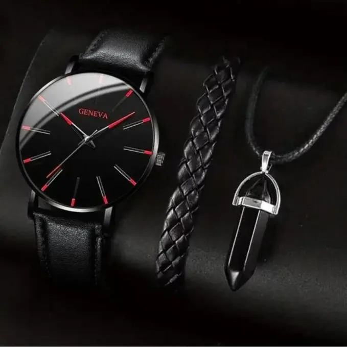 Luxury Men's Leather Quartz Wristwatch Set - 3 Pieces