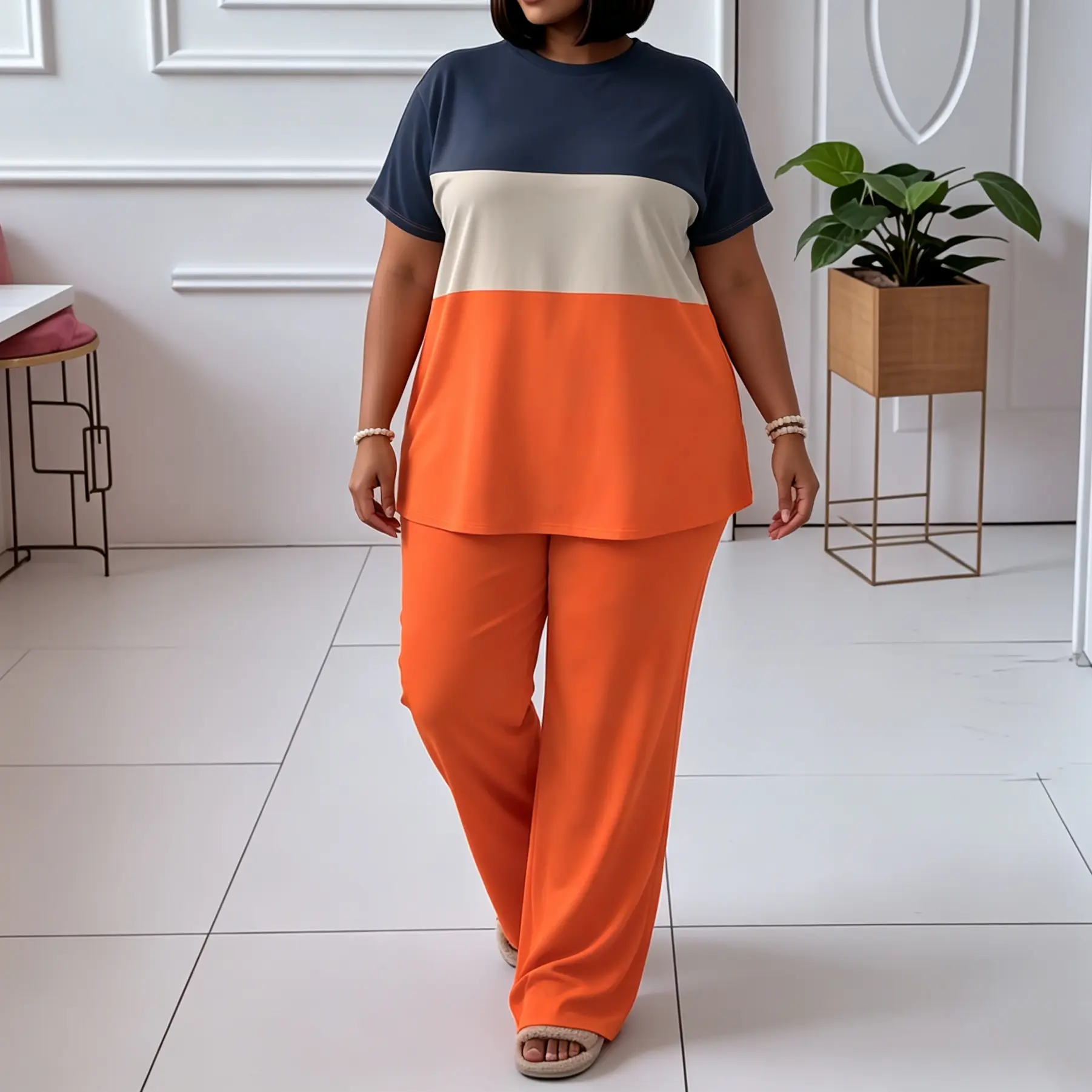Women's Plus Size 2-Piece Loungewear Set - Round Neck Short Sleeve Top, Loose-Fit Wide Leg Pants, Polyester Pjs Homewear, Machine Washable Everyday Casual Outfit