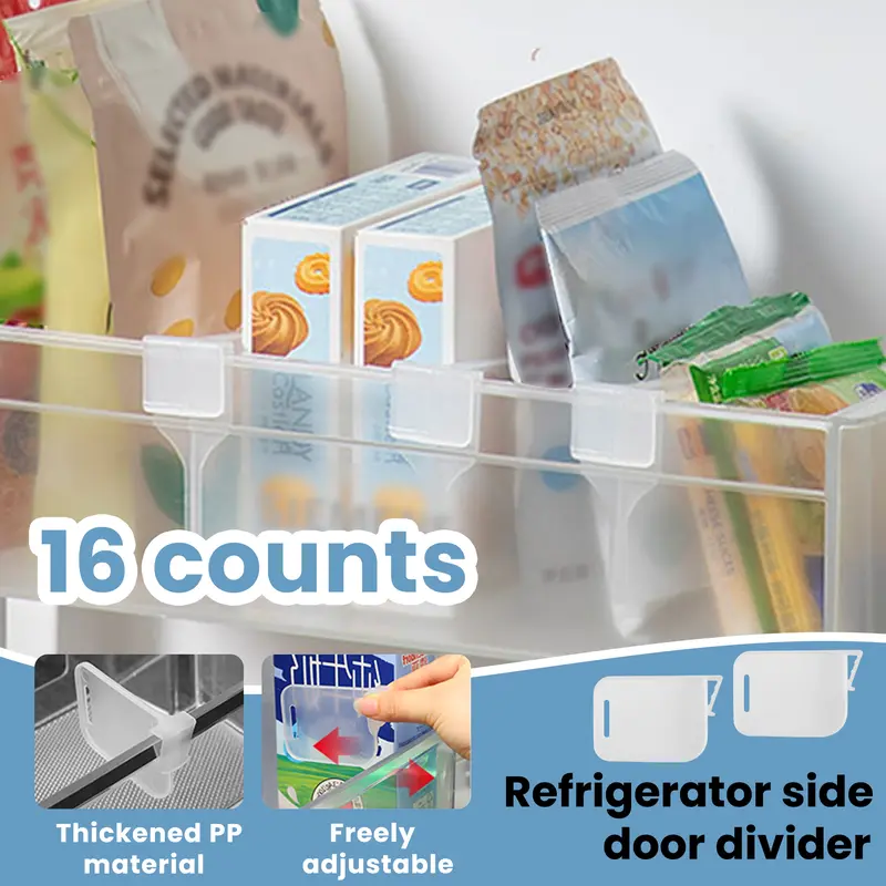 16 Counts Fridge Drawer Divider, White High-Quality Plastic Design for Anti-Fall & Durable ,Slide to Adjust for Different Sizes