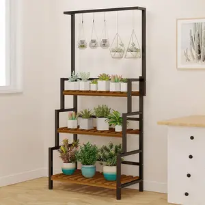 3-Tier Galvanized Carbon Steel Pot Plant Stand with Hanging Rod, Rust-Resistant Weather-Resistant Indoor/Outdoor Flower Shelf, 20-25kg Load per Tier, Hanging Planters Compatible Flower Garden Accessories for Garden, Balcony