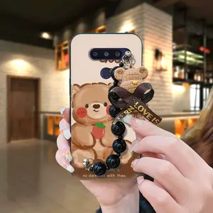 soft case silicone Phone Case For LG Q70 protective case Skin-friendly feel Black pearl pendant Anti-knock Back Cover Waterproof cute Dirt-resistant Bear bracelet