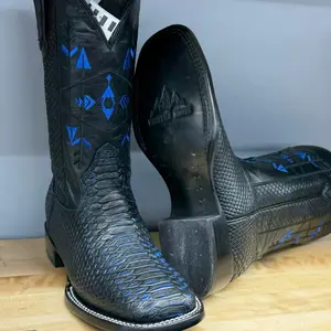 Men's Print Python Square Toe Boot - Black with Blue Accents, Comfortable Footwear for Walking