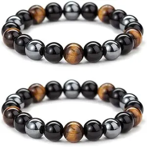 Triple Protection Bracelet for Bring Luck and Prosperity Hematite Black Obsidian Tiger Eye Stone Bracelets for Men Women, Beaded Buddha Healing Rope Uni Bracelet (2pcs)