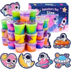 28 PCS Valentine Gift Greeting Card with Slime, Galaxy Slime Stress Relief Fidget Toy for Kids Party Favor, Classroom Exchange Prizes, Valentines Day Milky Way Party Favors for Boys Girls