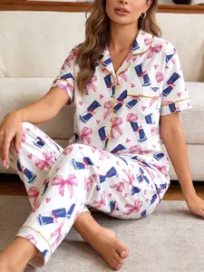 Women's Sleepwear Set, Bow Print Pajamas, Charming Print, Comfortable Fitted Lapel Top and Long Pants, Soft Nightwear for Women, Casual Home Loungewear, Homewear, Pyjamas, Lady