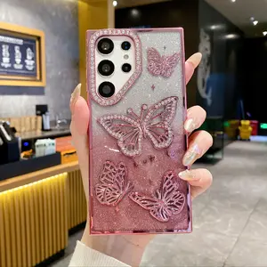 Butterfly Pattern Phone Case, Rhinestone Decor Phone Protective Cover, Shockproof Phone Protective Case Compatible with Samsung Galaxy S25 Ultra S24 Ultra, Casing