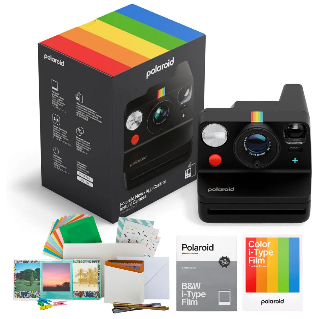 Polaroid Retro Flip Instant Camera with Sonar Autofocus, Bluetooth Connectivity, Mobile Compatibility, Square Lens & Film Bundle, Flash