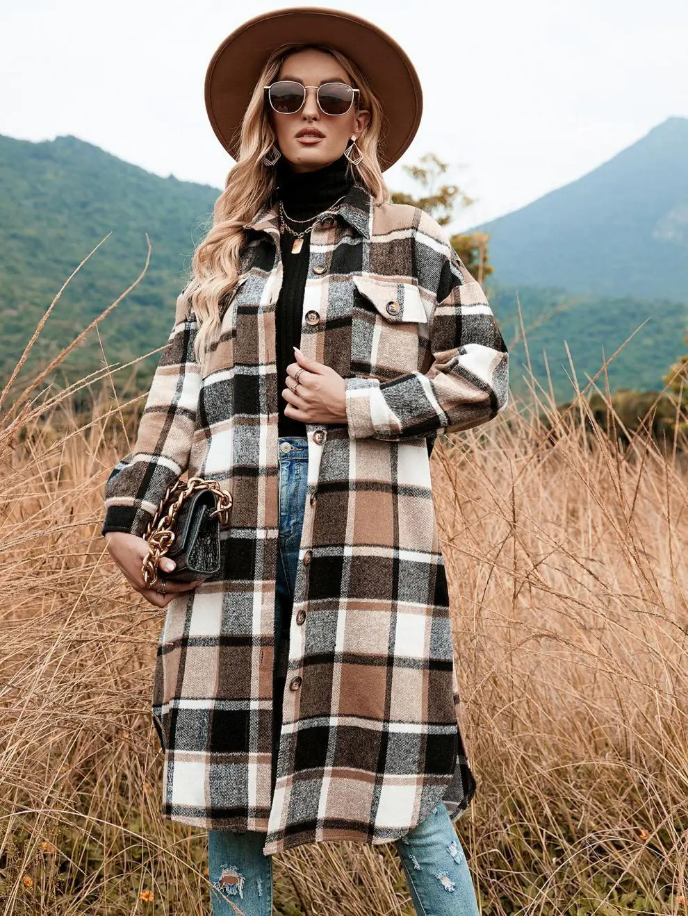Plaid Checkered Long Coat with Button Front and Pockets, Casual Style for Women, Perfect for Fall and Winter
