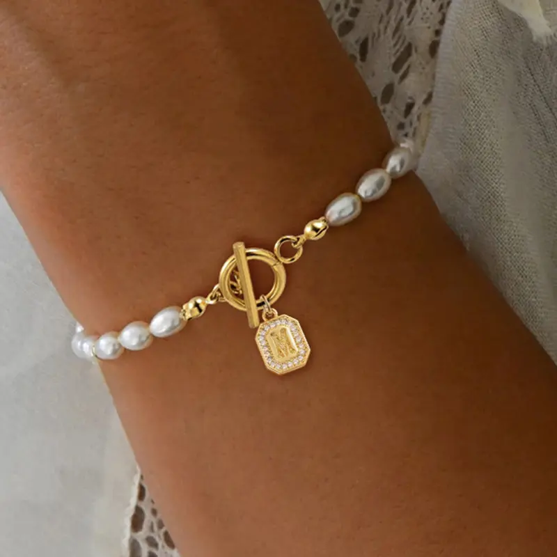 Women's Elegant Bracelet with Zirconia Letter Ot Clasp, Classic Faux Pearl Design, All-Season Accessory, Simple and Timeless Style, Faux Pearl Jewelry