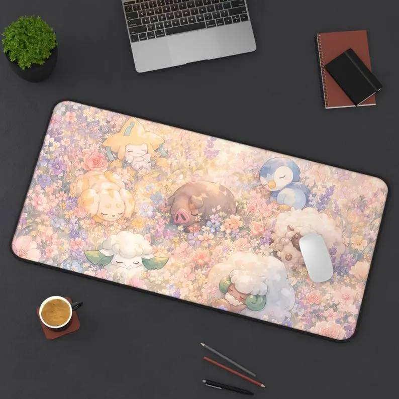 Sleeping Pokemon Meadow Desk Mat | Jirachi, Piplup, Lechonk Mouse Pad | Floral Playmat
