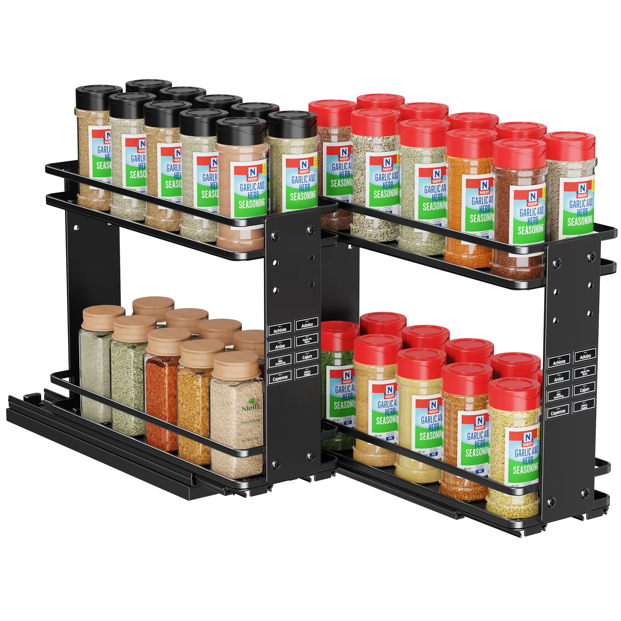 Nieifi Metal Roll Out Spice Rack Organizer, 2-Layer Drawer Storage Organizer, Black, Height-Adjustable, Easy to Install for Cabinet Space (Holds Up to 40-Bottle)