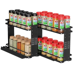 Nieifi Metal Pull Out Spice Rack 2-Tier Adjustable Cabinet Organizer with 40-Bottle Capacity Space Saving Storage for Kitchen & Pantry Black