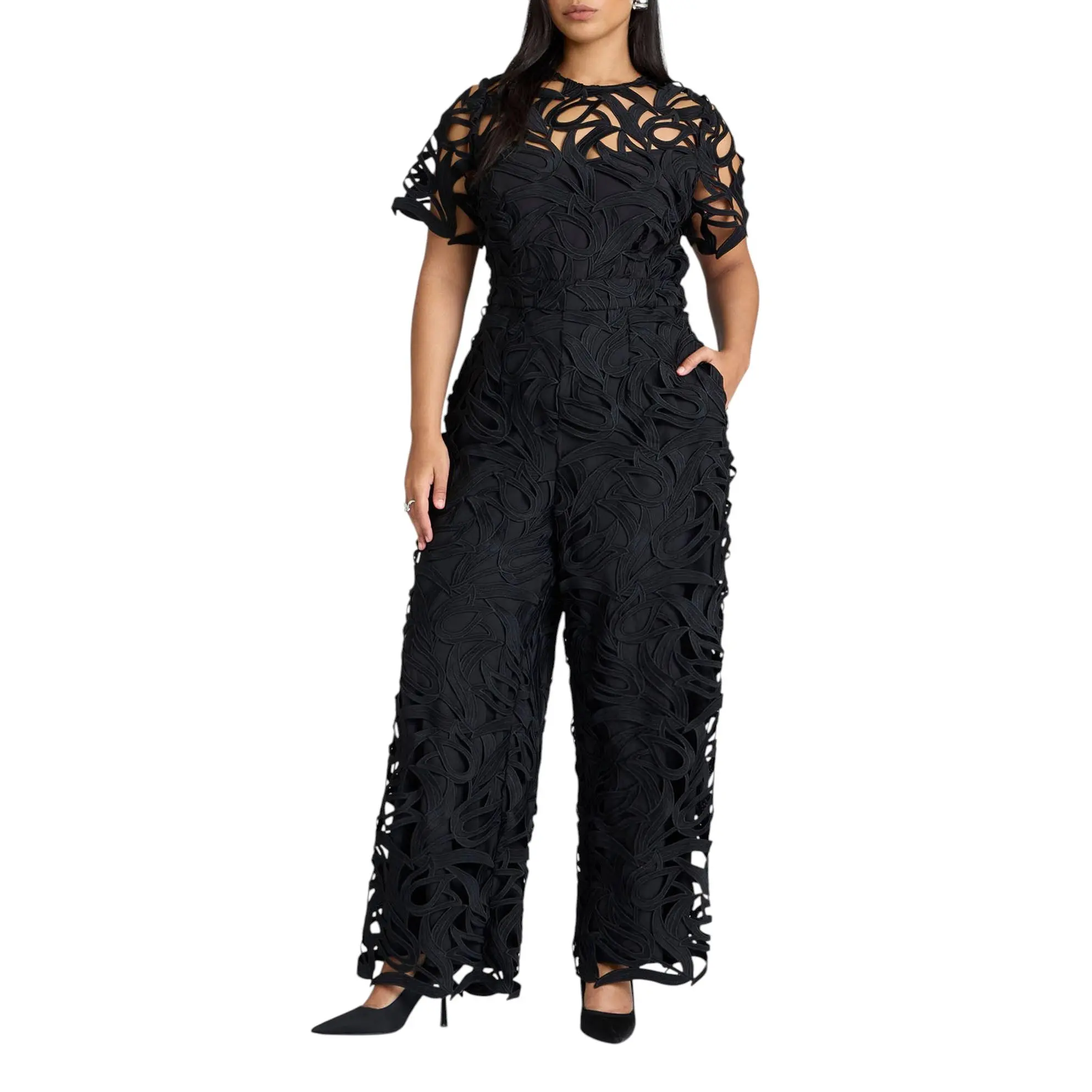 ELOQUII Women's Plus Size Short-Sleeve Lace Jumpsuit