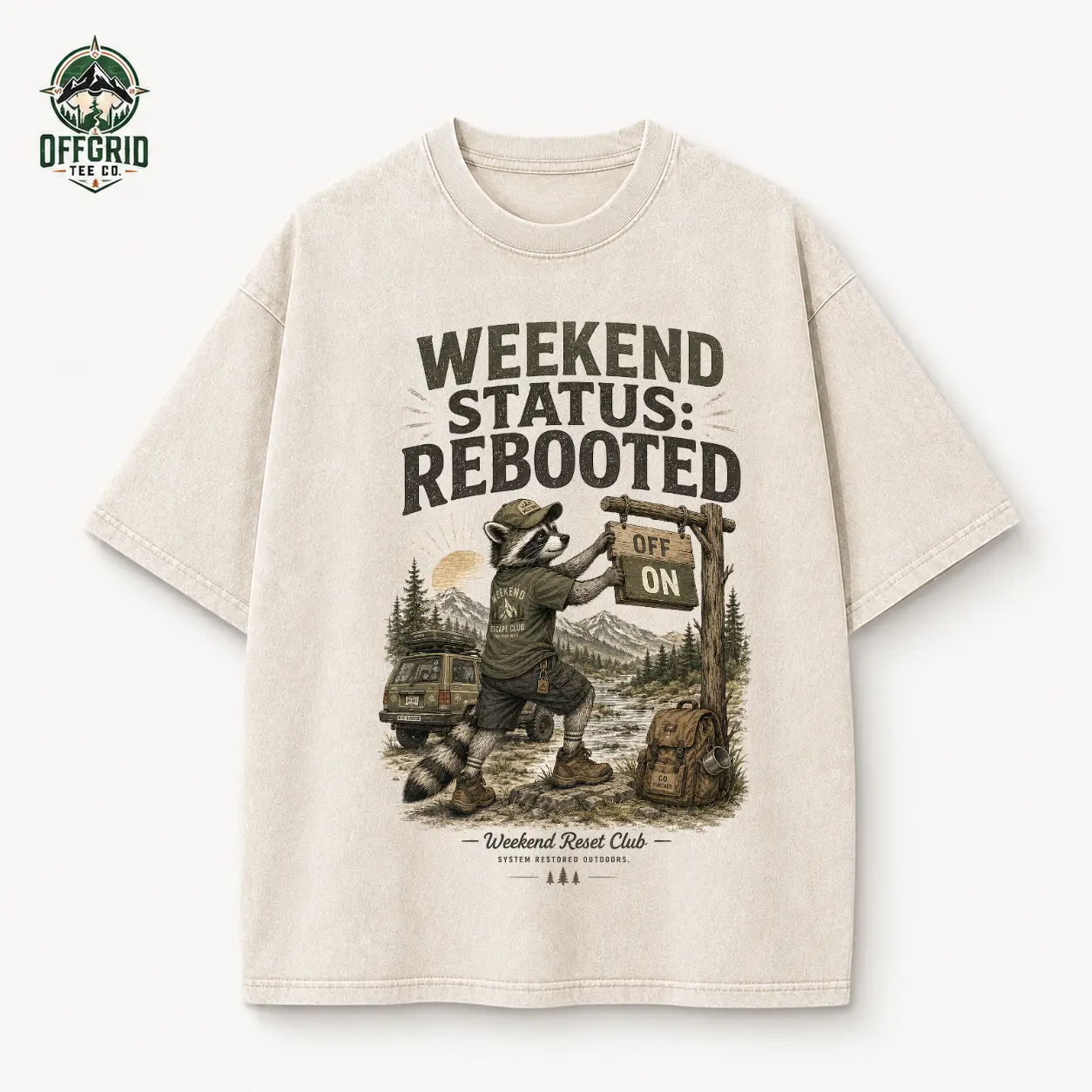 Weekend Status Rebooted Raccoon Adventure Tee, Vintage Off Grid Camping Graphic Tshirt, Weekend Reset Club Shirt, Outdoor Adventure Gift, Casual Outdoor Top