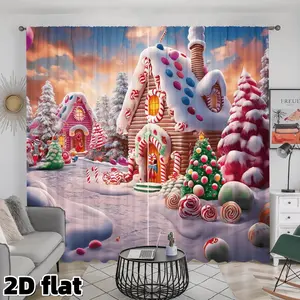 2D Flat 2Pcs Christmas Candy House Printed Curtains, Winter Wonderland Scene, Candy Cane Sweet Design, Rod Pocket Style, Semi Sunshade, Perfect for Living Room Bedroom Kitchen Decor, Holiday Season Window Treatment, Privacy Protection